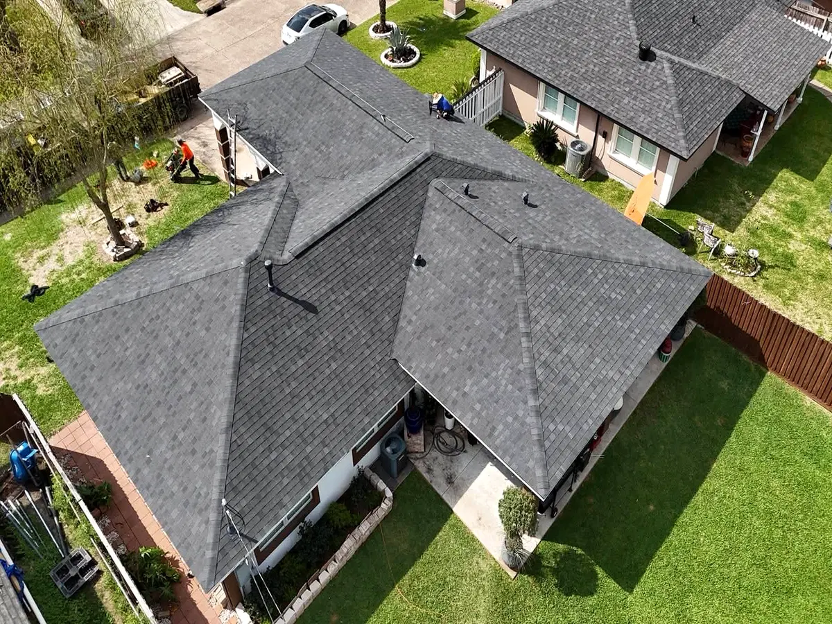 Aerial view of a completed asphalt-shingle roof