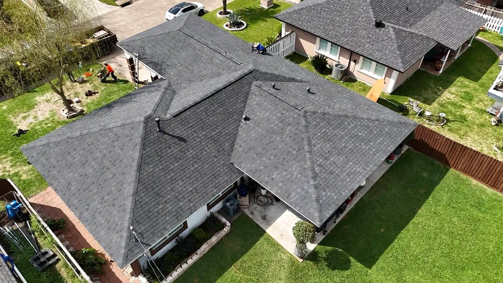 Aerial view of a residential asphalt-shingle roof